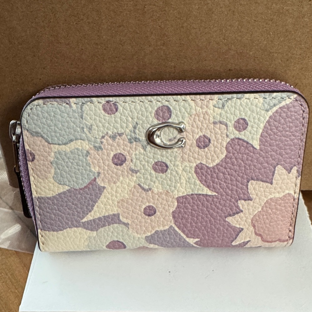 Coach Purple Gloral Mini Zip Around Leather Wallet
